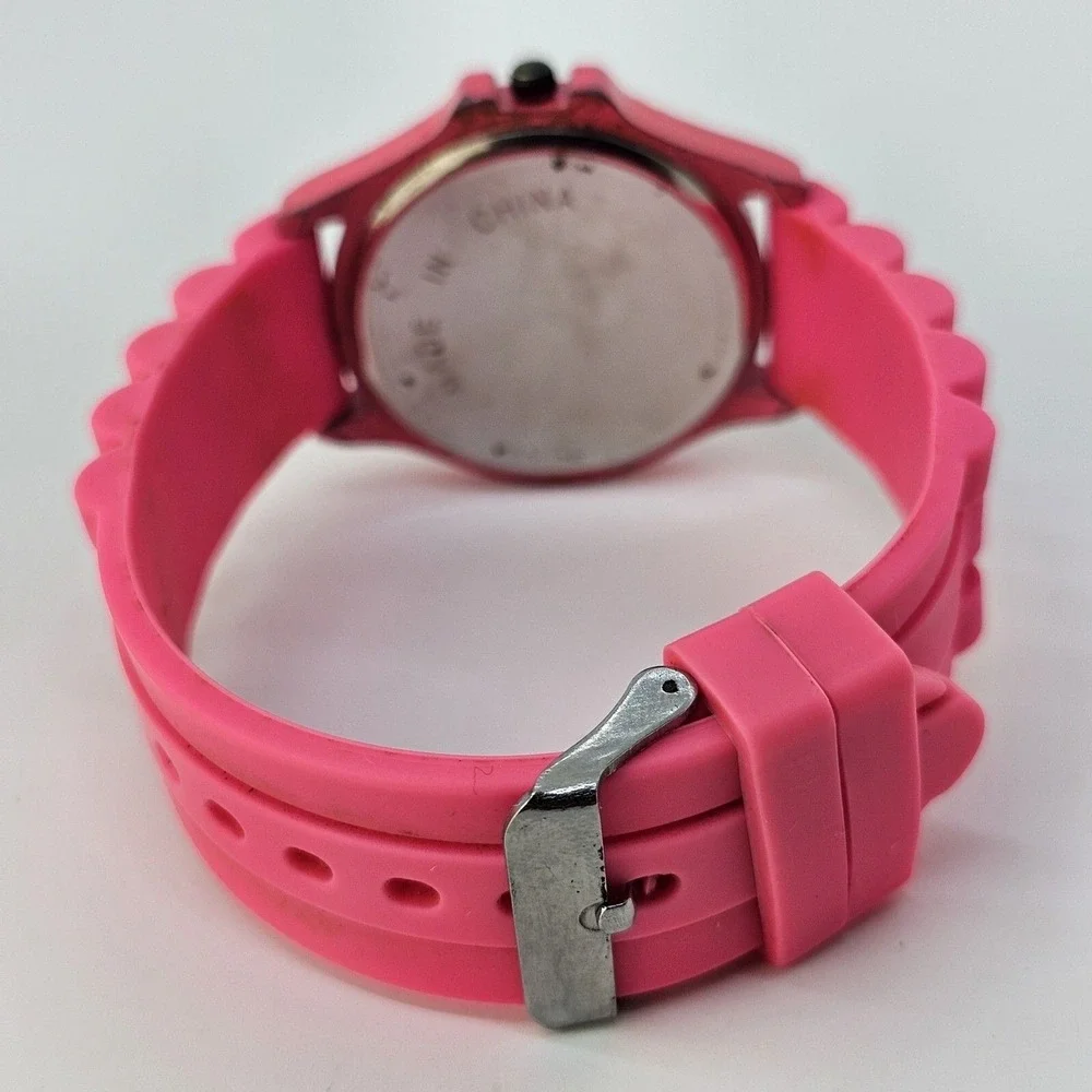 40MM Women's Watch Pink Dial Crystal Bezel Pink Plastic Band Straps‎ New Battery